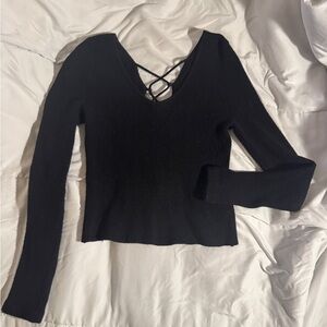 Lace up back sweater top long sleeve v neck size XS Black